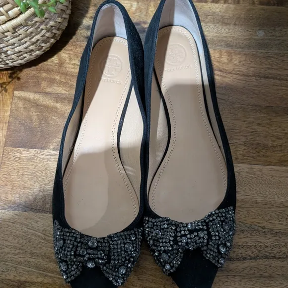 Tory Burch Esme Black Suede Rhinestones Flat Shoes-sz9.5  ~Stylish