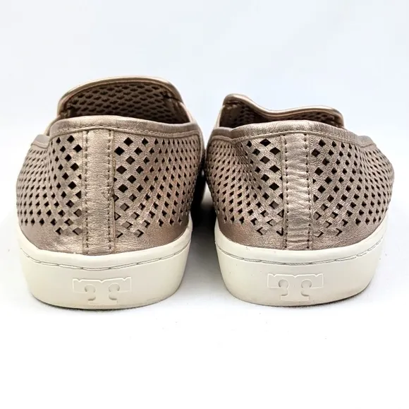 Tory Burch Jesse Perforated Slip On Sneakers Gold Metallic Leather Sporty 9.5