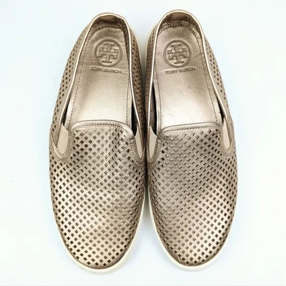 Tory Burch Jesse Perforated Slip On Sneakers Gold Metallic Leather Sporty 9.5
