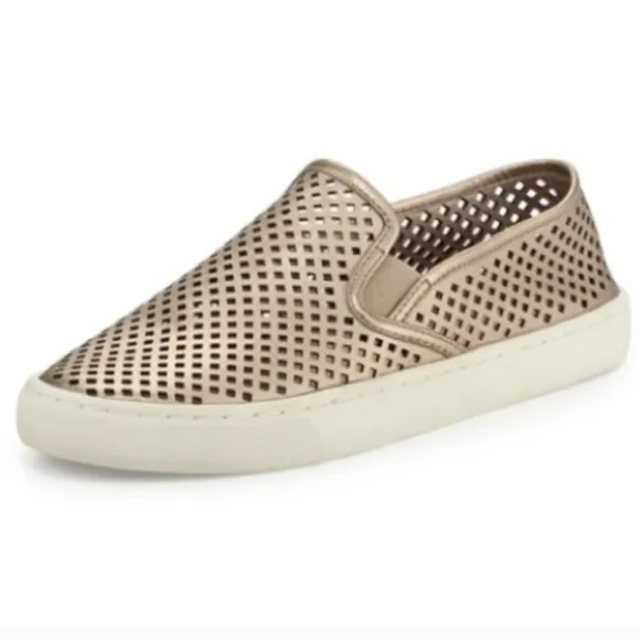 Tory Burch Jesse Perforated Slip On Sneakers Gold Metallic Leather Sporty 9.5