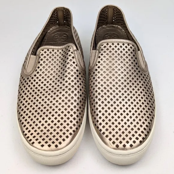 Tory Burch Jesse Perforated Slip On Sneakers Gold Metallic Leather Sporty 9.5