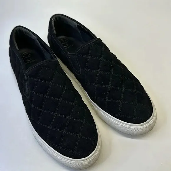 Tory Burch Jesse Quilted Slip On Sneakers Shoes Black White Suede Size 10.5
