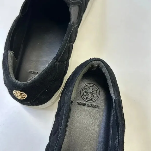 Tory Burch Jesse Quilted Slip On Sneakers Shoes Black White Suede Size 10.5
