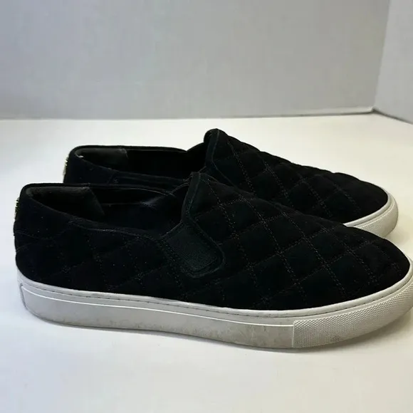 Tory Burch Jesse Quilted Slip On Sneakers Shoes Black White Suede Size 10.5