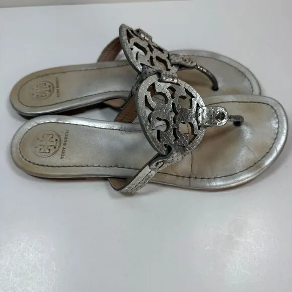 Tory Burch Miller Metallic Silver Tumbled Leather Sandals 8 1/2 M *READ*