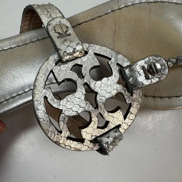 Tory Burch Miller Metallic Silver Tumbled Leather Sandals 8 1/2 M *READ*
