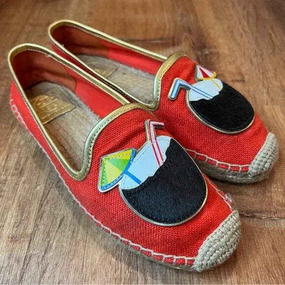 TORY BURCH Samba Gold Calf Hair Espadrille-Linen Metallic Mestico Shoes Sz 7