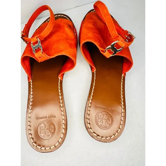 Tory Burch Sandals Orange Leather Ankle Strap flat Heel Shoes Size 8M