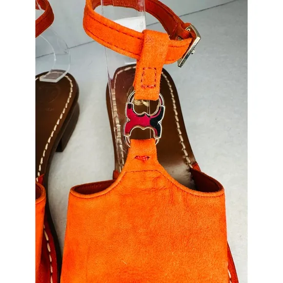 Tory Burch Sandals Orange Leather Ankle Strap flat Heel Shoes Size 8M