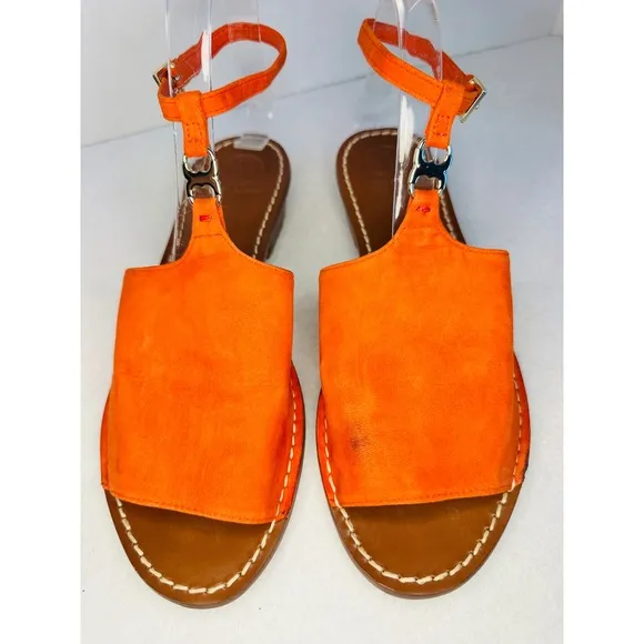 Tory Burch Sandals Orange Leather Ankle Strap flat Heel Shoes Size 8M