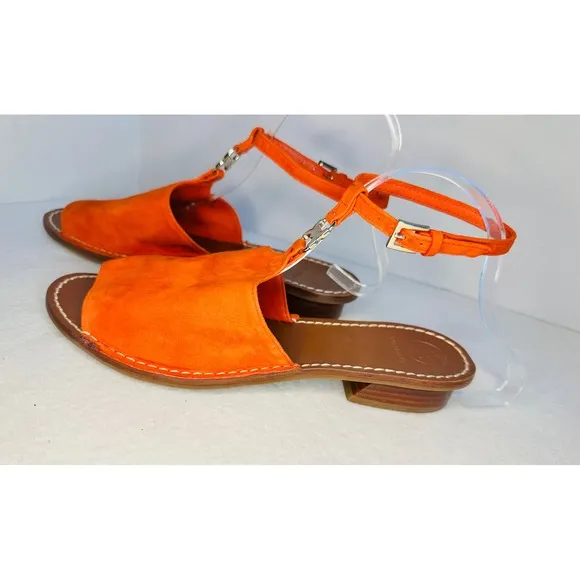 Tory Burch Sandals Orange Leather Ankle Strap flat Heel Shoes Size 8M