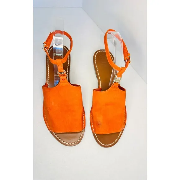 Tory Burch Sandals Orange Leather Ankle Strap flat Heel Shoes Size 8M