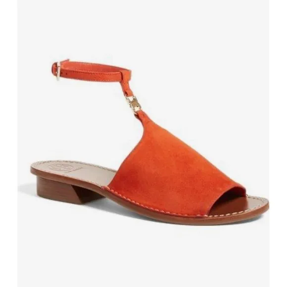 Tory Burch Sandals Orange Leather Ankle Strap flat Heel Shoes Size 8M