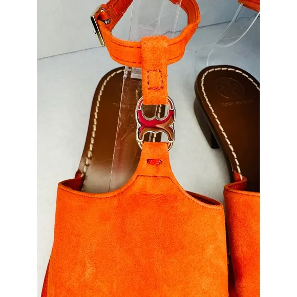 Tory Burch Sandals Orange Leather Ankle Strap flat Heel Shoes Size 8M