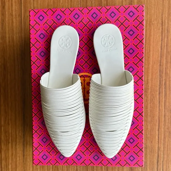 TORY BURCH Sienna Flat Slide White Backless Mule/Sandal
