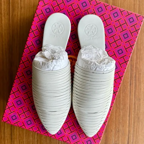 TORY BURCH Sienna Flat Slide White Backless Mule/Sandal