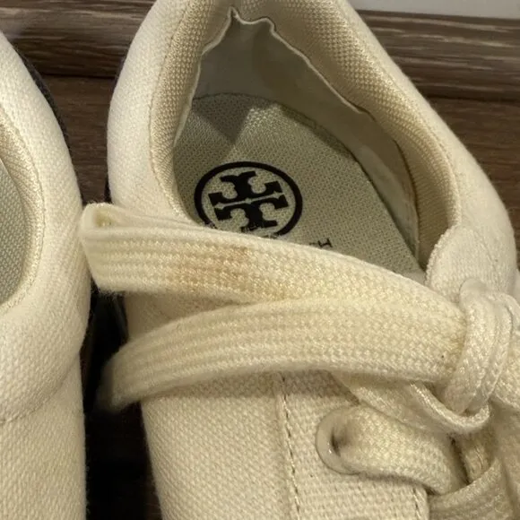 Tory Burch Sport Canvas Court Shoes, Cream and Navy, Size 6.5, Logo, Designer