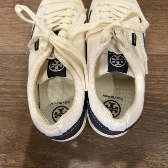 Tory Burch Sport Canvas Court Shoes, Cream and Navy, Size 6.5, Logo, Designer