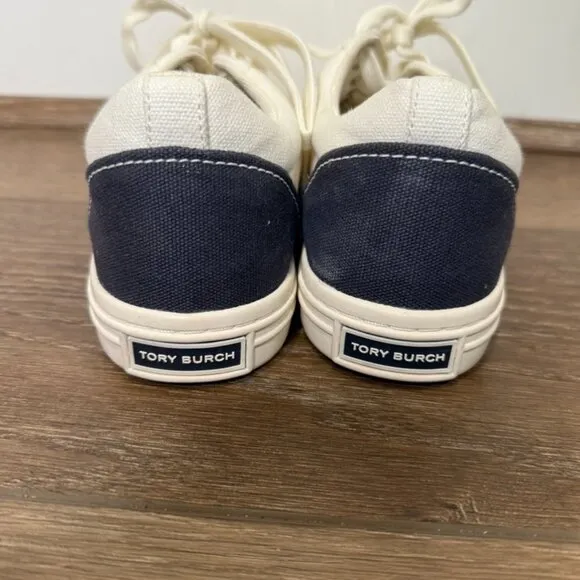 Tory Burch Sport Canvas Court Shoes, Cream and Navy, Size 6.5, Logo, Designer