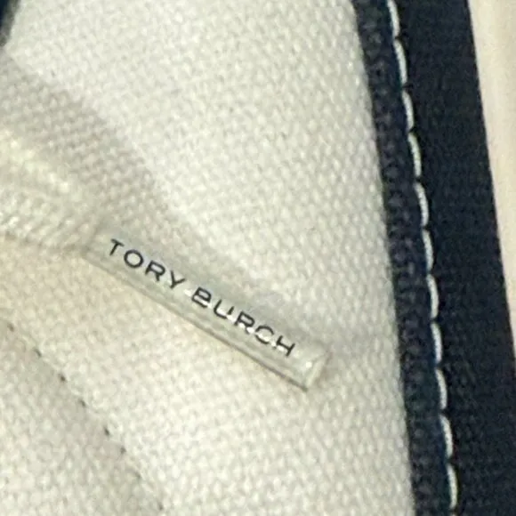 Tory Burch Sport Canvas Court Shoes, Cream and Navy, Size 6.5, Logo, Designer
