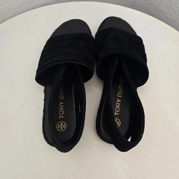 Tory Burch Women's Black Suede Leather Slingback Espadrille Sandals Size 7