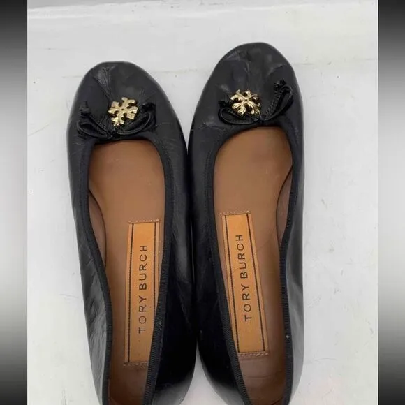 Tory Burch Women's Black Goat Leather Logo Charm Ballet Flat Shoes 8M