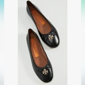 Tory Burch Women's Black Goat Leather Logo Charm Ballet Flat Shoes 8M