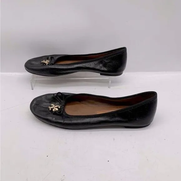 Tory Burch Women's Black Goat Leather Logo Charm Ballet Flat Shoes 8M