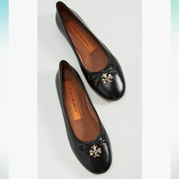 Tory Burch Women's Black Goat Leather Logo Charm Ballet Flat Shoes 8M