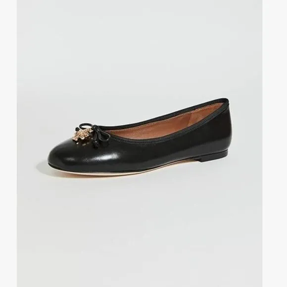 Tory Burch Women's Black Goat Leather Logo Charm Ballet Flat Shoes 8M