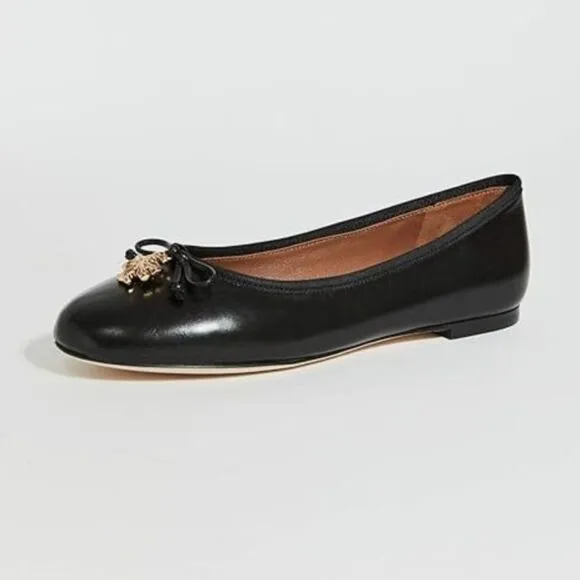 Tory Burch Women's Black Goat Leather Logo Charm Ballet Flat Shoes 8M