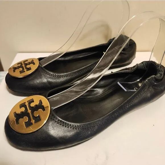 Tory Burch &quot;Reva&quot; Black Lambskin Leather Ballet Flats Gold Medallion sz.7.5 $248