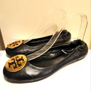 Tory Burch &quot;Reva&quot; Black Lambskin Leather Ballet Flats Gold Medallion sz.7.5 $248