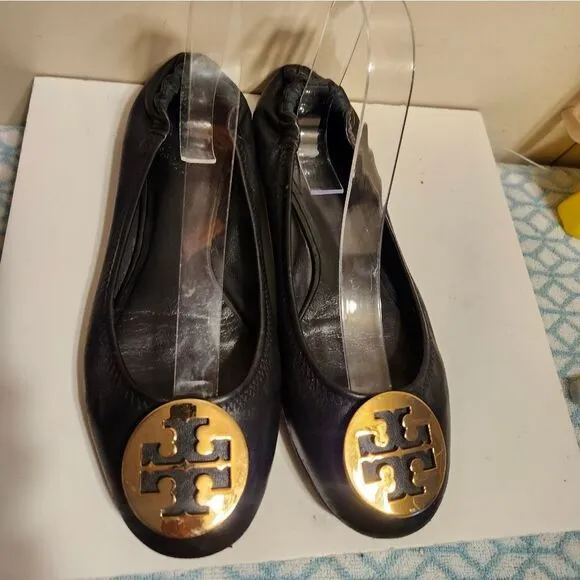 Tory Burch &quot;Reva&quot; Black Lambskin Leather Ballet Flats Gold Medallion sz.7.5 $248