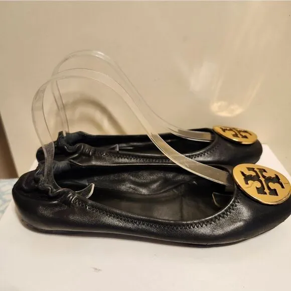 Tory Burch &quot;Reva&quot; Black Lambskin Leather Ballet Flats Gold Medallion sz.7.5 $248