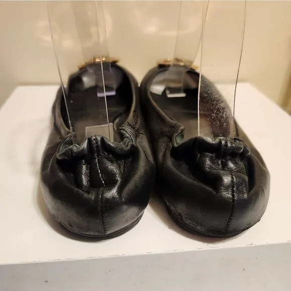 Tory Burch &quot;Reva&quot; Black Lambskin Leather Ballet Flats Gold Medallion sz.7.5 $248