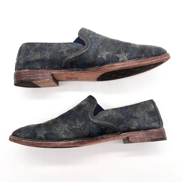 TRASK Shoes Womens 8 Navy Gray Leather Ali Slip On Flat Loafer Camo Silver Star