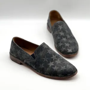 TRASK Shoes Womens 8 Navy Gray Leather Ali Slip On Flat Loafer Camo Silver Star