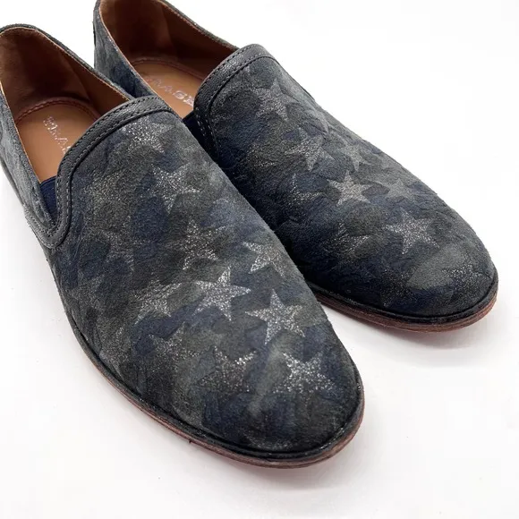 TRASK Shoes Womens 8 Navy Gray Leather Ali Slip On Flat Loafer Camo Silver Star