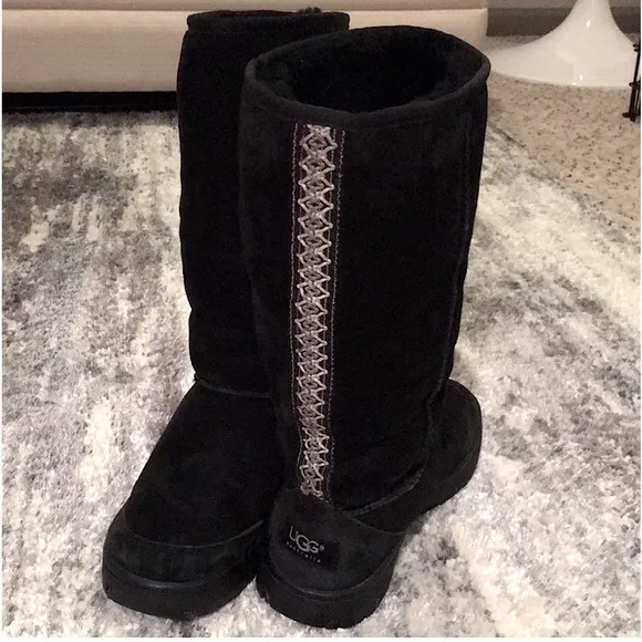 UGG AUSTRALIA BÖHÖ Style Black Ultra Tall Suede Leather Boots w/Sheep Fur US 7