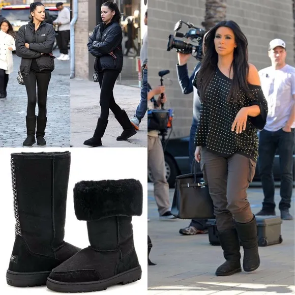 UGG AUSTRALIA BÖHÖ Style Black Ultra Tall Suede Leather Boots w/Sheep Fur US 7
