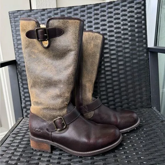 UGG Australia Chancery Shearling Lined Leather Boots Brown Water Resistant Sz 7