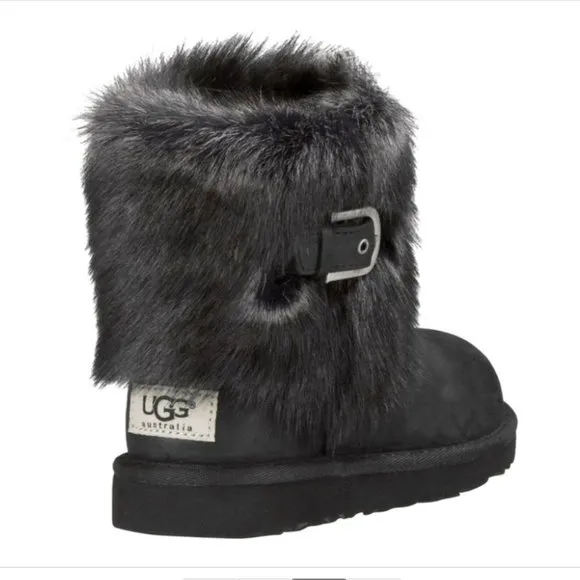 UGG Australia Girls ELLEE Leather Boots Fur Trim &amp; Buckle in Black 1008178K-BL