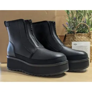 UGG CityFunc Zip Water Resistant Black Leather Platform Boots Women's Size 8 NIB