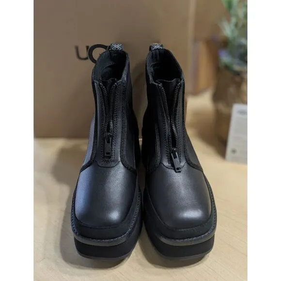 UGG CityFunc Zip Water Resistant Black Leather Platform Boots Women's Size 8 NIB