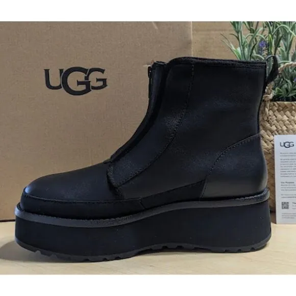 UGG CityFunc Zip Water Resistant Black Leather Platform Boots Women's Size 8 NIB