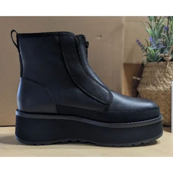 UGG CityFunc Zip Water Resistant Black Leather Platform Boots Women's Size 8 NIB