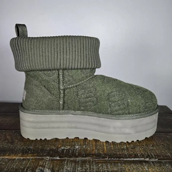 UGG Classic Mini Felted Platform Womens Size 9 Slip On Shoes Boots Green Lined