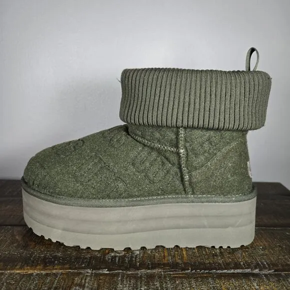 UGG Classic Mini Felted Platform Womens Size 9 Slip On Shoes Boots Green Lined