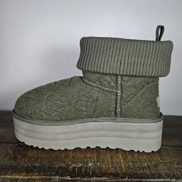 UGG Classic Mini Felted Platform Womens Size 9 Slip On Shoes Boots Green Lined
